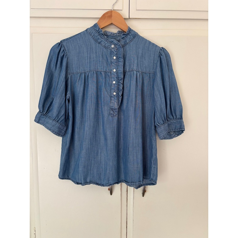 Denim Blue Tencel Chambray Ruffle Neck Puff Sleeve Blouse XS oversized